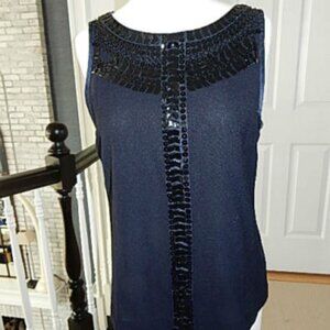 Tory Burch Navy Blue Wool Blend Sequins Beaded Sleeveless Zip Up Blouse Shirt 8